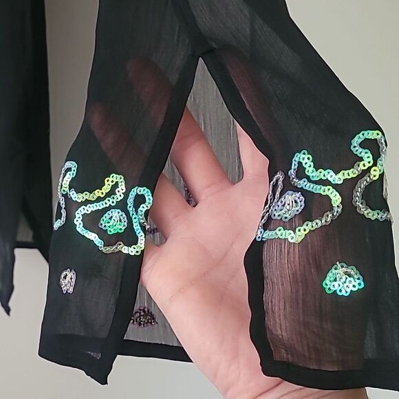 Venus Black Long Sleeve Sheer Tunic/ beach cover up with Sequins. Size Small - Picture 7 of 7